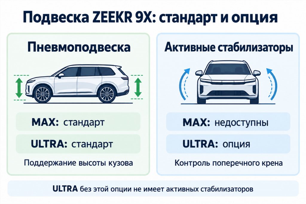 Пневмоподвеска стандартна в MAX и ULTRA; активные стабилизаторы недоступны в MAX и предлагаются как опция ULTRA