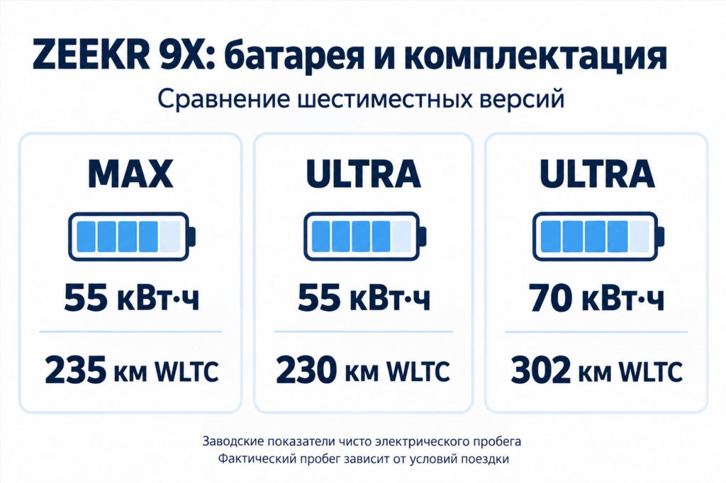 Сравнение шестиместных ZEEKR 9X MAX 55 — 235 км WLTC, ULTRA 55 — 230 км, ULTRA 70 — 302 км